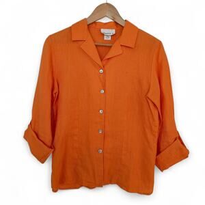 David N Womens Orange Hanky Linen Button-Down Shirt Top Size S Resort Summer